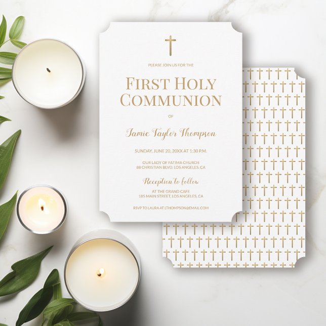 Convite Dourada Cruz Branca pura Primeira Comunhão Sagrada (Gender neutral First holy communion gold cross and white invitation )