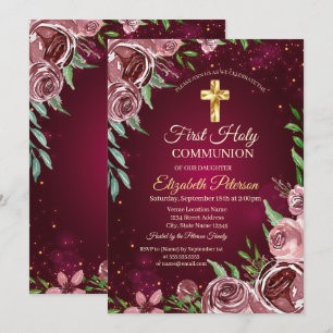 Convite Dourada Cruz Burgundy Rosas Primeira Comunhão