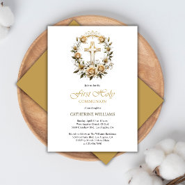 Convite Dourada Cruz e Rosas Brancas Primeira Comunhão San