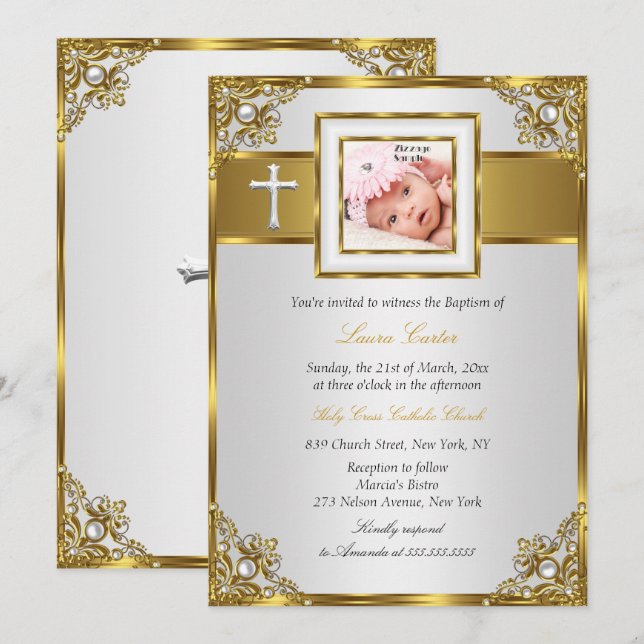 Convite Dourada Damask Cross Foto Baptism Christening 2 (Frente/Verso)