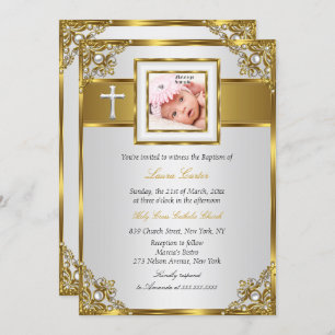 Convite Dourada Damask Cross Foto Baptism Christening 2