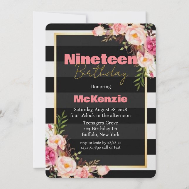 Convite Dourada de Peony Rosa Negra 19ª Festa de aniversár (Frente)