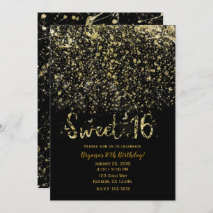 Convite Dourada Dust Glitter e Black Sweet 16 Partido Deze