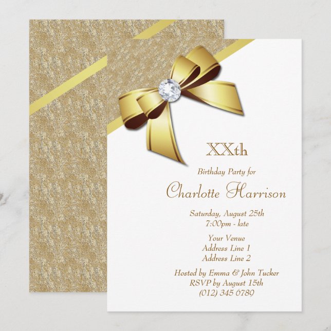 Convite Dourada e Festa de aniversário branca romântica cl (Frente/Verso)