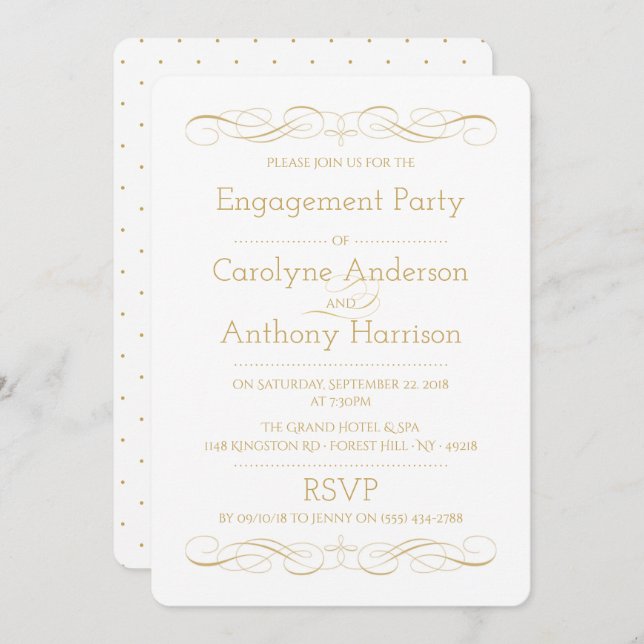 Convite Dourada e Festa de noivado branca do Elegage Vinta (Frente/Verso)