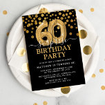 Convite Dourada e negra moderna, 60ª Festa de aniversário<br><div class="desc">Convite de aniversário moderno de preto e ouro para alguém que está fazendo 60 anos! Apresentando um fundo preto,  faux gold glitter confetti,  balões de 60 anos de ouro e um elegante modelo de aniversário que é fácil de personalizar.</div>