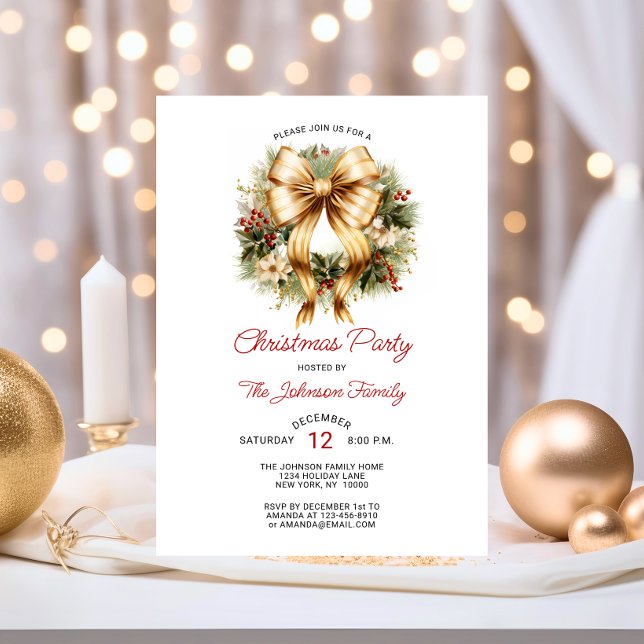 Convite Dourada e Red CHRISTMAS PARTIDO Wreath Company (Festive CHRISTMAS PARTY Red Gold Wreath Company Invitation)