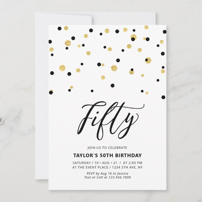Convite Dourada e simples 50.a Festa de aniversário Invi (Frente)