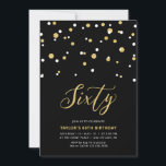 Convite Dourada e simples 60.ª Festa de aniversário Invi<br><div class="desc">Celebre seu dia especial com este mínimo de 60º convite de aniversário. Este design apresenta um script de na moda com letra "Sessenta" com um confete em forma de hexágono com uma combinação de cores preto e dourado. Mais designs disponíveis no meu compro BaraBomDesign.</div>