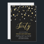 Convite Dourada e simples 60.ª Festa de aniversário Invi<br><div class="desc">Celebre seu dia especial com este mínimo de 60º convite de aniversário. Este design apresenta um script de na moda com letra "Sessenta" com um confete em forma de hexágono com uma combinação de cores preto e dourado. Mais designs disponíveis no meu compro BaraBomDesign.</div>