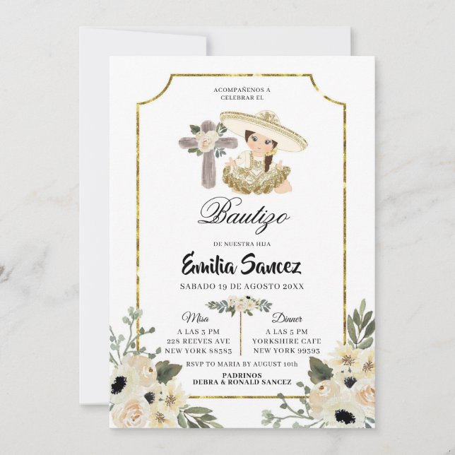 Convite Dourada e White Floral Girl Bautizo Invitation (Frente)