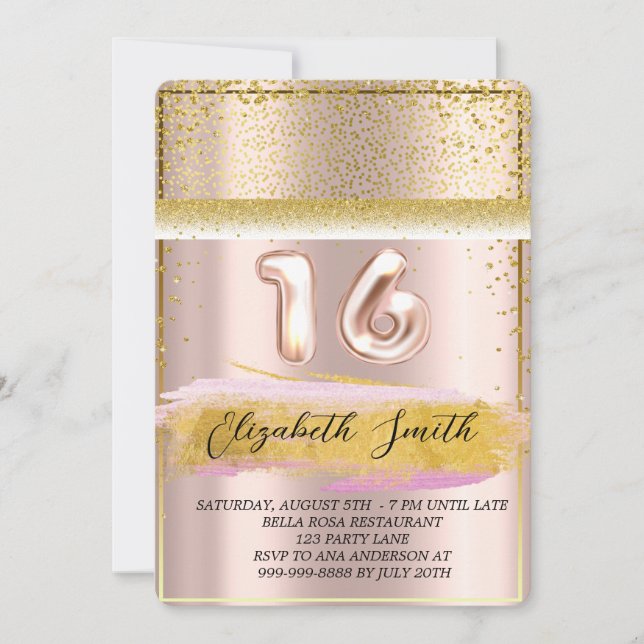 Convite Dourada elegância, rosa de ouro doce dezesseis Inv (Frente)