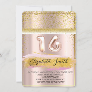 Convite Dourada elegância, rosa de ouro doce dezesseis Inv