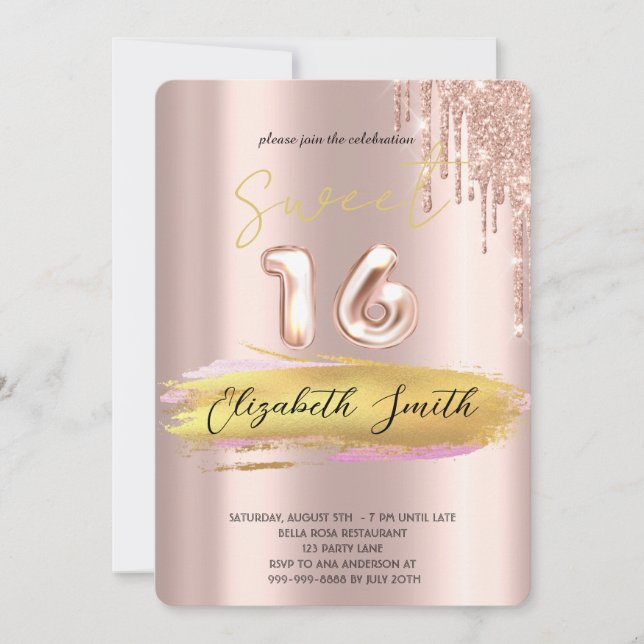 Convite Dourada elegância, rosa dourado, 16 Convidados (Frente)