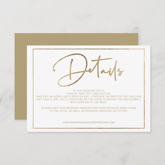 Convite Dourada elegância, script chic detalhes do casamen (Frente/Verso)