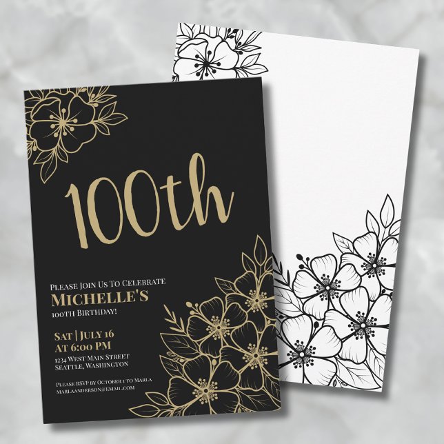 Convite Dourada Elegante 100ª Festa de aniversário (Gold Elegant 100th Birthday Party Invitation )