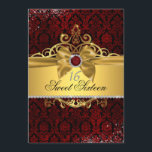Convite Dourada elegante Ruby Red Damask Sweet 16 Convidam<br><div class="desc">Elegante joia vermelha e amortecedor com ouro brilhante tiara e arco. Mais cores disponíveis na pequena loja de baileigh.</div>
