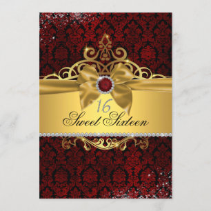 Convite Dourada elegante Ruby Red Damask Sweet 16 Convidam