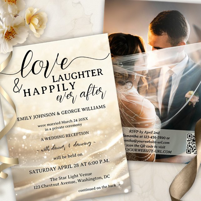 Convite Dourada Elope Espumante Feliz Para Sempre Após Cas (A boho chic happily ever after wedding invitation showing a gold design with festive sparkling light)