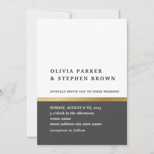 Convite Dourada faixa. Casamento branco e preto elegante (Frente)