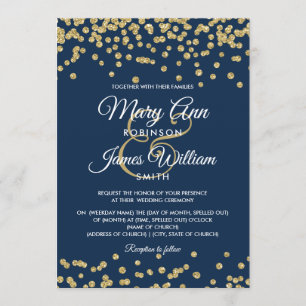 Convite Dourada Faux Glitter Confetti Elegante Marinho de 