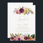 Convite Dourada Feather Boho Floral Sweet 16 Festa de aniv<br><div class="desc">Esta convite de aniversário 16 floral de folha de ouro é perfeita para um aniversário moderno. O design apresenta penas castanhas pintadas à mão,  cor amarela-boho,  branca,  púrpura,  rosa,  pincel,  flores borboletas e bagas azuis perfeitamente organizadas em belos buquês.</div>