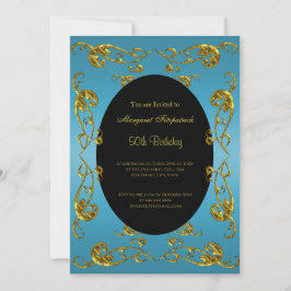 Convite Dourada Festa de aniversário 50ª Preta Azul