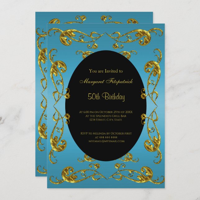 Convite Dourada Festa de aniversário 50ª Preta Azul (Frente/Verso)