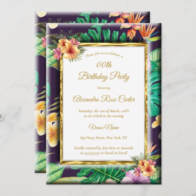 Convite Dourada Festa de aniversário de fotos das flores t (Frente/Verso)