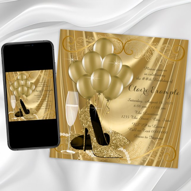 Convite Dourada Festa de aniversário de Hollywood Glamor (Gold high heel shoe birthday invitation with gold shoes on a gold swirl background. Any event.)