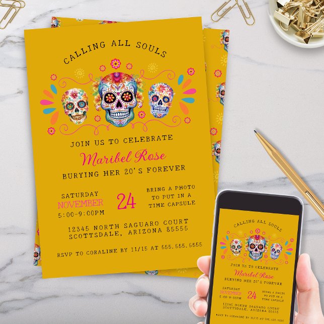 Convite Dourada Festa de aniversário do Dia de los Muertos (gold dia de los muertos day of the dead party invitations with personalized text for any occasion)