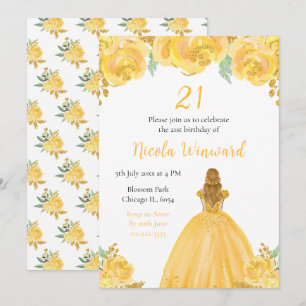 Convite Dourada Festa de aniversário Floral da Princesa Lo