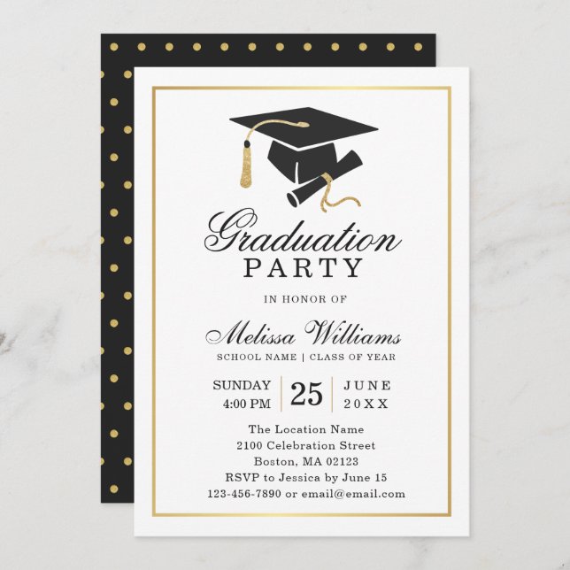 Convite Dourada Festa de formatura Branca  Moderna Elegant (Frente/Verso)