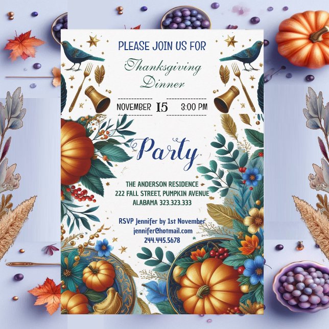 Convite Dourada Festa de Janto de Ação de Graças Botânica  (Gold Pumpkins Botanical Thanksgiving Dinner Party Invitation)