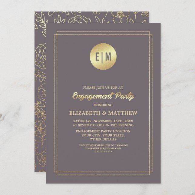 Convite Dourada Festa de noivado Floral Mocha Escura (Frente/Verso)