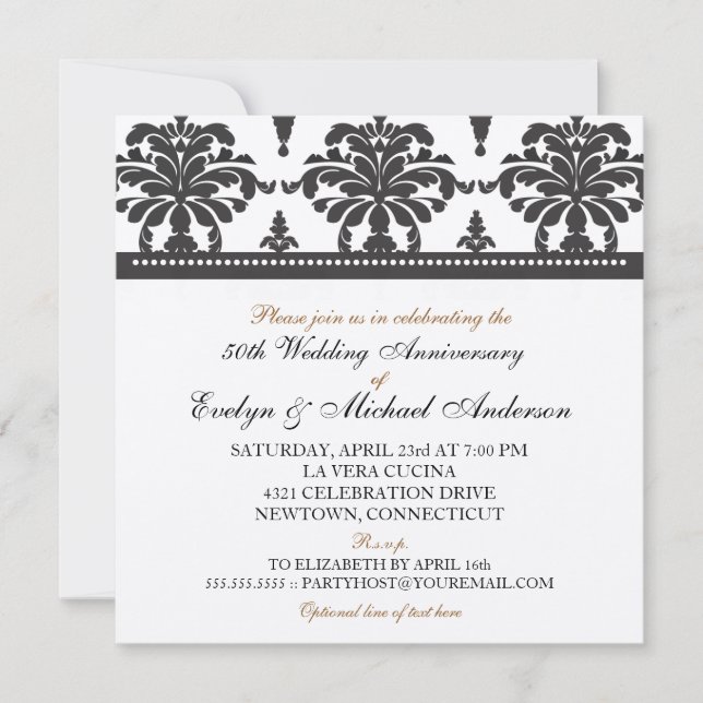 Convite Dourada Festa Elegante Metálico 50º Aniversário (Frente)