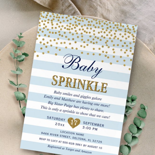 Convite Dourada fina azul clara Confetti Baby Boy Sprinkle (Criador carregado)