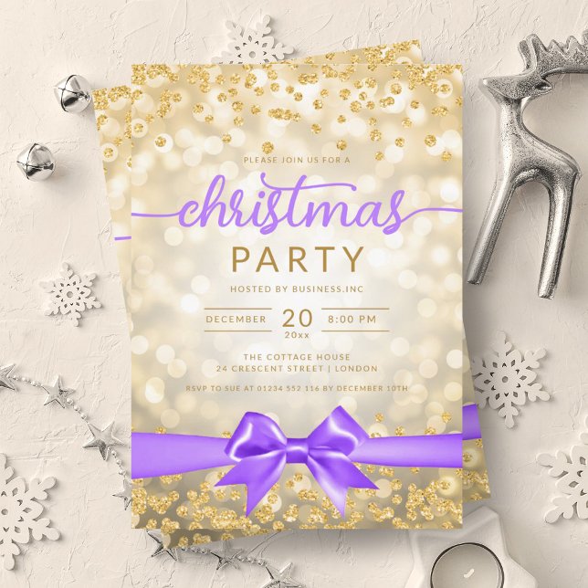 Convite Dourada Fita De Glama De Inverno Xmas Roxo (Gold Winter Glam Company Xmas Purple Ribbon Invitation)