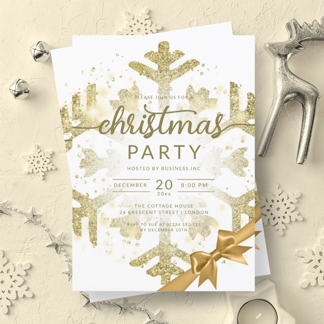 Convite Dourada Fita de Natal da Companhia de Neve de Inve (Gold Winter Glitter Snow Company Christmas Ribbon Invitation)