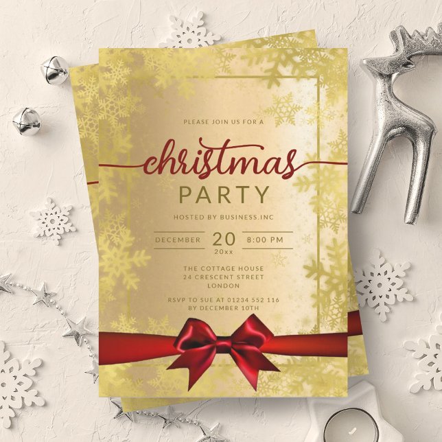 Convite Dourada Flocos de Neve Companhia Fita de Natal Fit (Gold Snowflakes Company Christmas Red Ribbon Invitation)