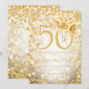Convite Dourada Floral 50ª Luzes de Vidro de Aniversário