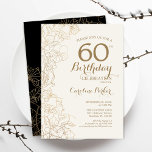 Convite Dourada Floral 60ª Festa de aniversário Preta<br><div class="desc">Convite de aniversário Dourado Floral 60º preto. Design minimalista moderno com desenhos botânicos em destaque e letra de script de tipografia. Simples trendy convida cartão perfeito para uma festa de na moda. Pode ser personalizado para qualquer idade. Impressos convites Zazzle ou modelo de impressão digital instantânea para download.</div>