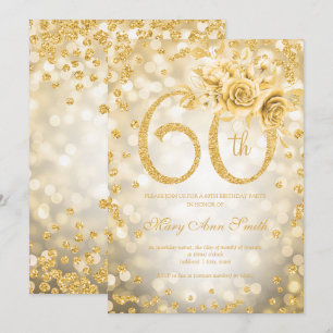 Convite Dourada Floral 60ª Luzes de Vidro de Aniversário