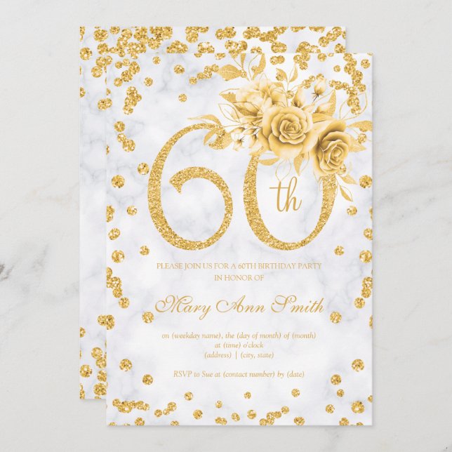 Convite Dourada Floral 60º Aniversário Luzes de Prata (Frente/Verso)