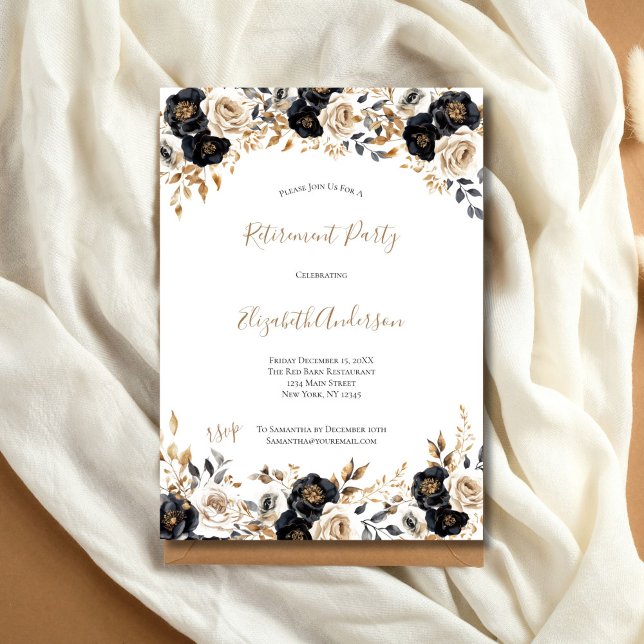 Convite Dourada Floral Elegante Negra (Black Gold Watercolor Floral Elegant Retirement Party Invitation for her)