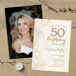 Convite Dourada Floral, Festa de aniversário 50ª Foto Pret<br><div class="desc">Convite de aniversário Floral Black Dourado Photo 50th. Design minimalista moderno com desenhos botânicos em destaque e letra de script de tipografia. Simples trendy convida cartão perfeito para uma festa de na moda. Pode ser personalizado para qualquer idade. Impressos convites Zazzle ou modelo de impressão digital instantânea para download.</div>