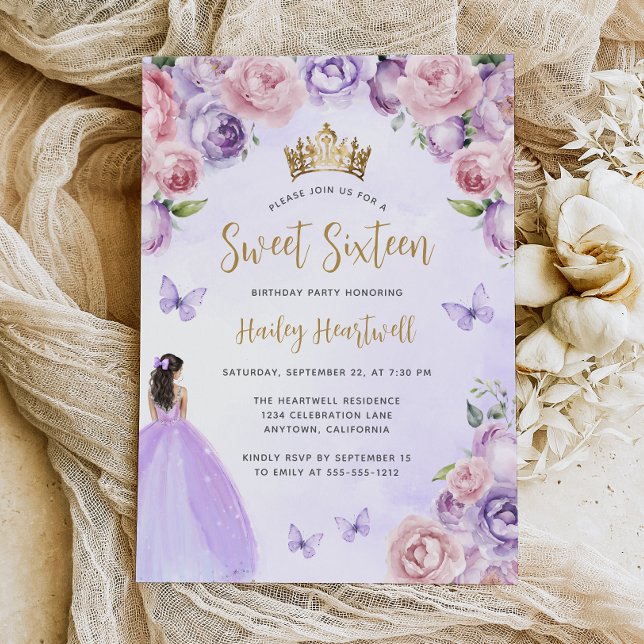 Convite Dourada Floral Floral , Púrpura, Festa Sweet 16 (Criador carregado)