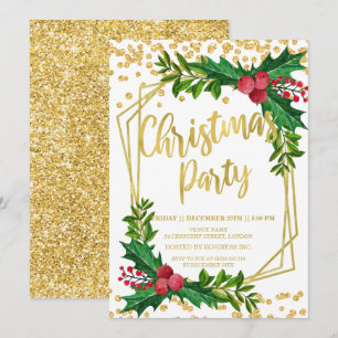 Convite Dourada Floral Holly Glitter Corporação de Natal