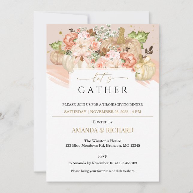 Convite Dourada Floral Pumpkin Janta de Ação de Graças Con (Frente)