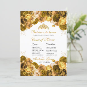 Convite Dourada Floral Quinceanera Court of Honor